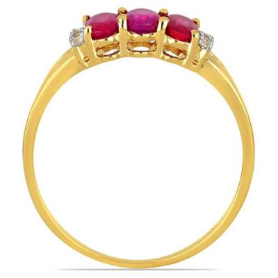 14K GOLD NATURAL GLASS FILLED RUBY GEMSTONE THREE STONES RING